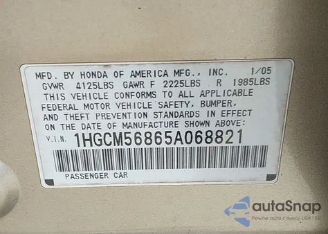 2005 Honda Accord 2.4 Ex из США, поврежденный, VIN 1HGCM56865A068821